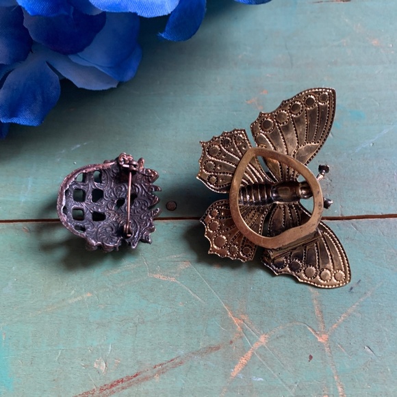 🦋 Vintage Pins - Antiqued Butterfly Clip - Antiqued Flower Basket - Old Pins - Picture 3 of 7